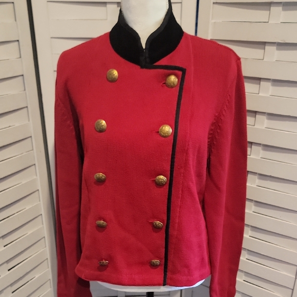 Ralph Lauren Red Sweater With Gold Buttons And Stand Up Velvet Collar Size XL - Picture 1 of 7